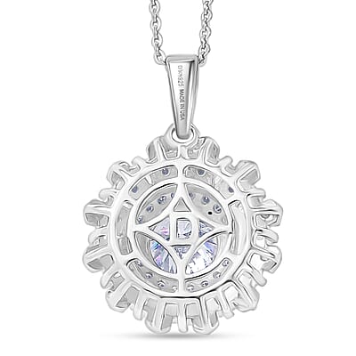 D'Joy Hearts & Arrow Cut Strontium Titanate and Moissanite 2.90 ctw Radiant Sunburst Pendant Necklace 20 Inches in Rhodium Over Sterling Silver