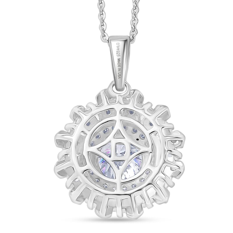 D'Joy Hearts & Arrow Cut Strontium Titanate and Moissanite 2.90 ctw Radiant Sunburst Pendant Necklace 20 Inches in Rhodium Over Sterling Silver