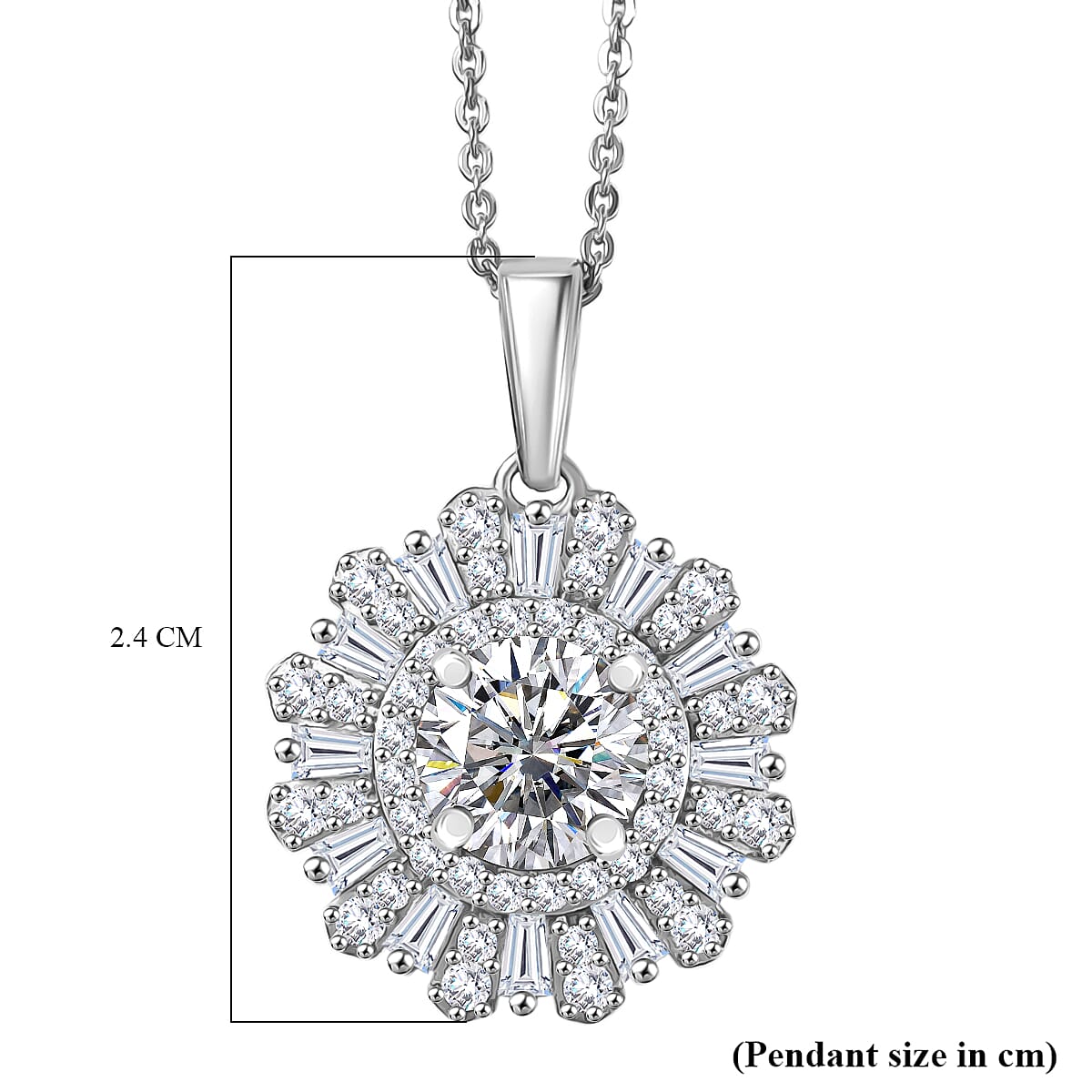 D'Joy Hearts & Arrow Cut Strontium Titanate and Moissanite 2.90 ctw Radiant Sunburst Pendant Necklace 20 Inches in Rhodium Over Sterling Silver image number 6