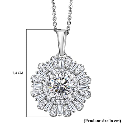 D'Joy Hearts & Arrow Cut Strontium Titanate and Moissanite 2.90 ctw Radiant Sunburst Pendant Necklace 20 Inches in Rhodium Over Sterling Silver
