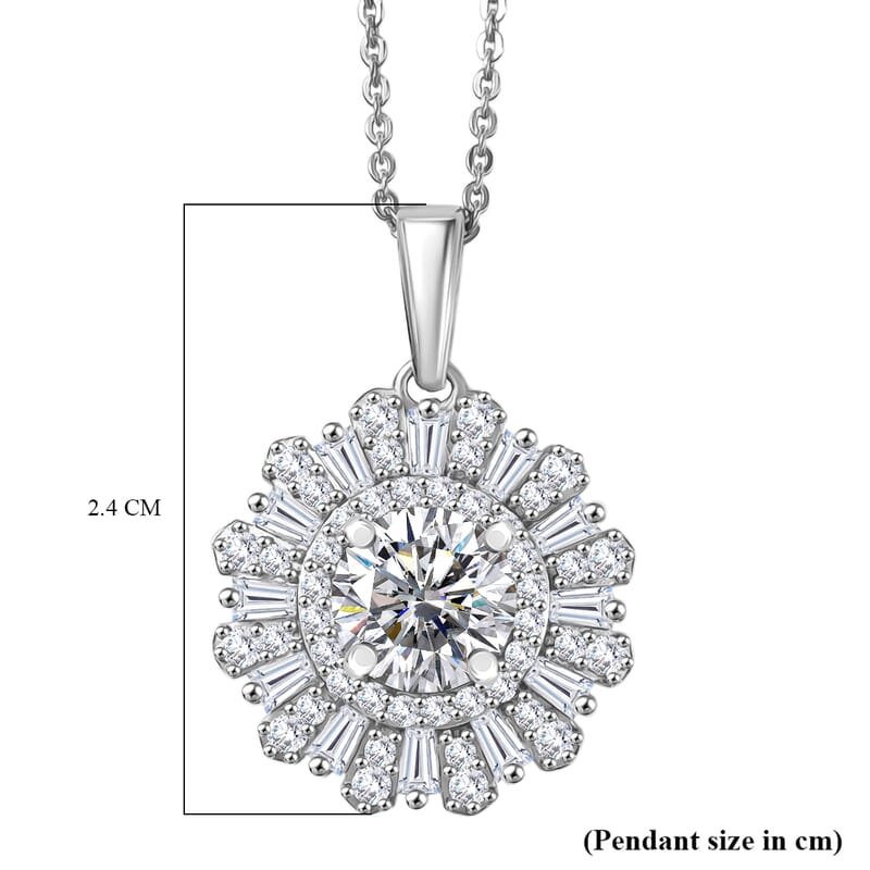 D'Joy Hearts & Arrow Cut Strontium Titanate and Moissanite 2.90 ctw Radiant Sunburst Pendant Necklace 20 Inches in Rhodium Over Sterling Silver