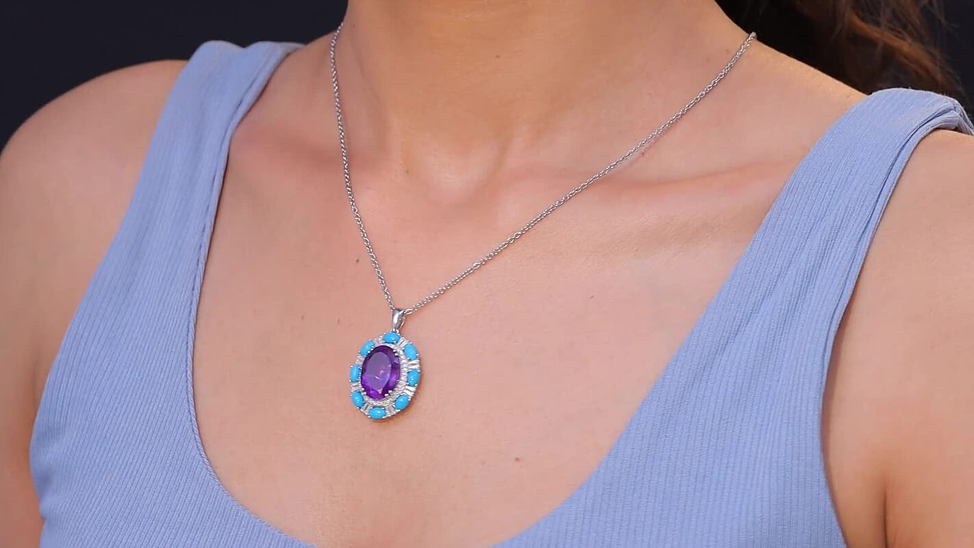 D'Joy African Amethyst and Multi Gemstone 12.65 ctw Sky Night Pendant Necklace in Rhodium Over Sterling Silver 20 Inches