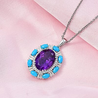  D'Joy African Amethyst and Multi Gemstone 12.65 ctw Sky Night Pendant Necklace in Rhodium Over Sterling Silver 20 Inches