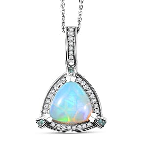 Doorbuster D'Joy Premium Ethiopian Welo Opal, Paraiba Tourmaline and Diamond 2.60 ctw Celestial Trinity Halo Pendant Necklace in Rhodium Over Sterling Silver 20 Inches