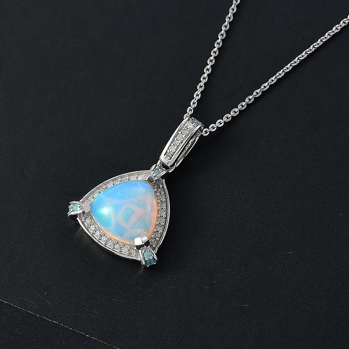 Doorbuster D'Joy Premium Ethiopian Welo Opal, Paraiba Tourmaline and Diamond 2.60 ctw Celestial Trinity Halo Pendant Necklace in Rhodium Over Sterling Silver 20 Inches image number 1