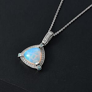 Doorbuster D'Joy Premium Ethiopian Welo Opal, Paraiba Tourmaline and Diamond 2.60 ctw Celestial Trinity Halo Pendant Necklace in Rhodium Over Sterling Silver 20 Inches
