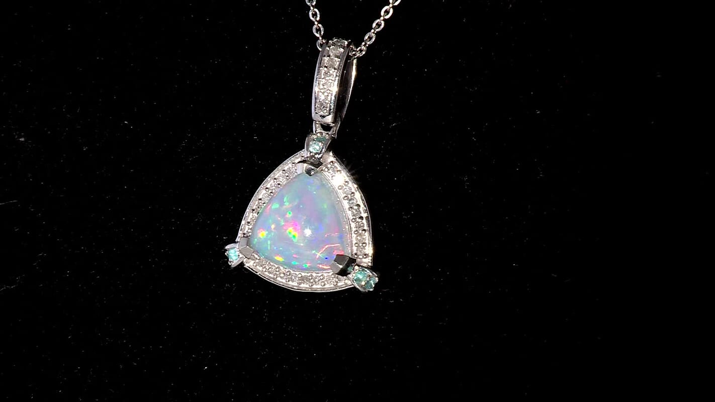D'Joy Premium Ethiopian Welo Opal, Paraiba Tourmaline and Diamond 2.60 ctw Celestial Trinity Halo Pendant Necklace in Rhodium Over Sterling Silver 20 Inches