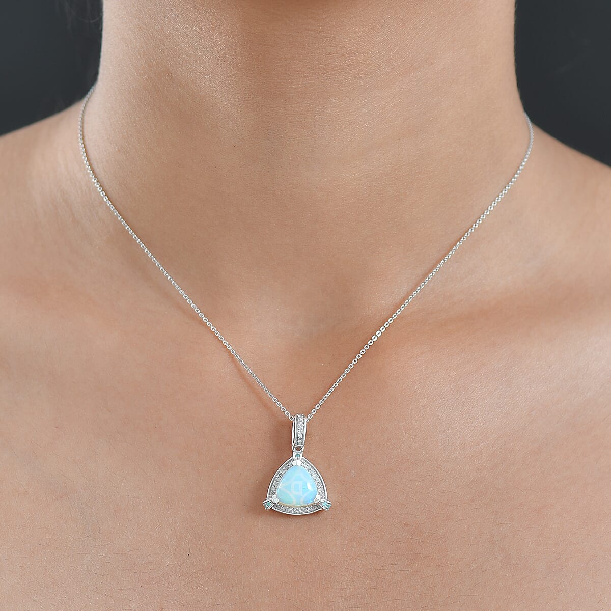 Doorbuster D'Joy Premium Ethiopian Welo Opal, Paraiba Tourmaline and Diamond 2.60 ctw Celestial Trinity Halo Pendant Necklace in Rhodium Over Sterling Silver 20 Inches image number 2