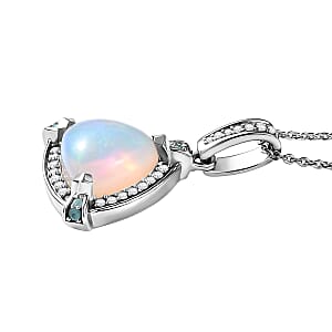 Doorbuster D'Joy Premium Ethiopian Welo Opal, Paraiba Tourmaline and Diamond 2.60 ctw Celestial Trinity Halo Pendant Necklace in Rhodium Over Sterling Silver 20 Inches