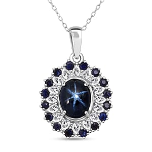 D'Joy Premium Blue Star Sapphire (DF) and Multi Gemstone 6.20 ctw Celestial Bloom Pendant Necklace in Rhodium Over Sterling Silver 20 Inches