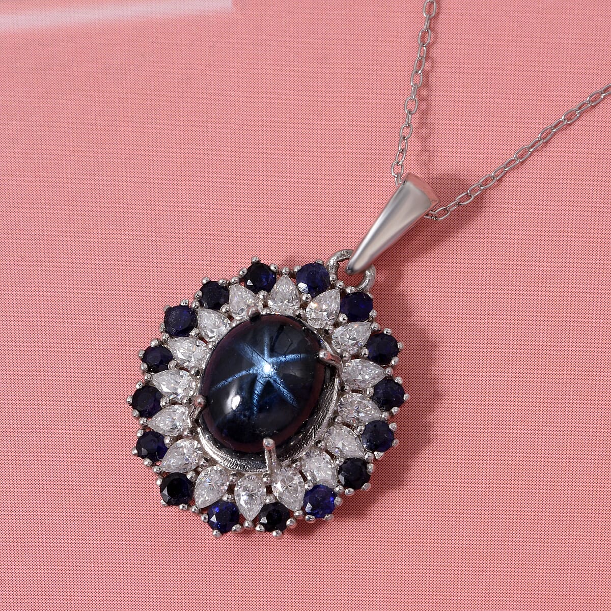 D'Joy Premium Blue Star Sapphire (DF) and Multi Gemstone 6.20 ctw Celestial Bloom Pendant Necklace in Rhodium Over Sterling Silver 20 Inches image number 1