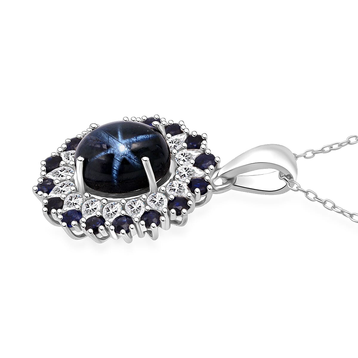 D'Joy Premium Blue Star Sapphire (DF) and Multi Gemstone 6.20 ctw Celestial Bloom Pendant Necklace in Rhodium Over Sterling Silver 20 Inches image number 3