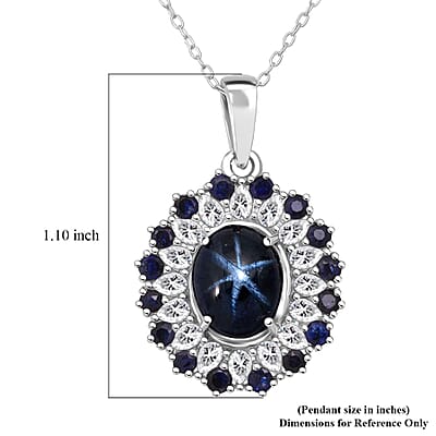 D'Joy Premium Blue Star Sapphire (DF) and Multi Gemstone 6.20 ctw Celestial Bloom Pendant Necklace in Rhodium Over Sterling Silver 20 Inches