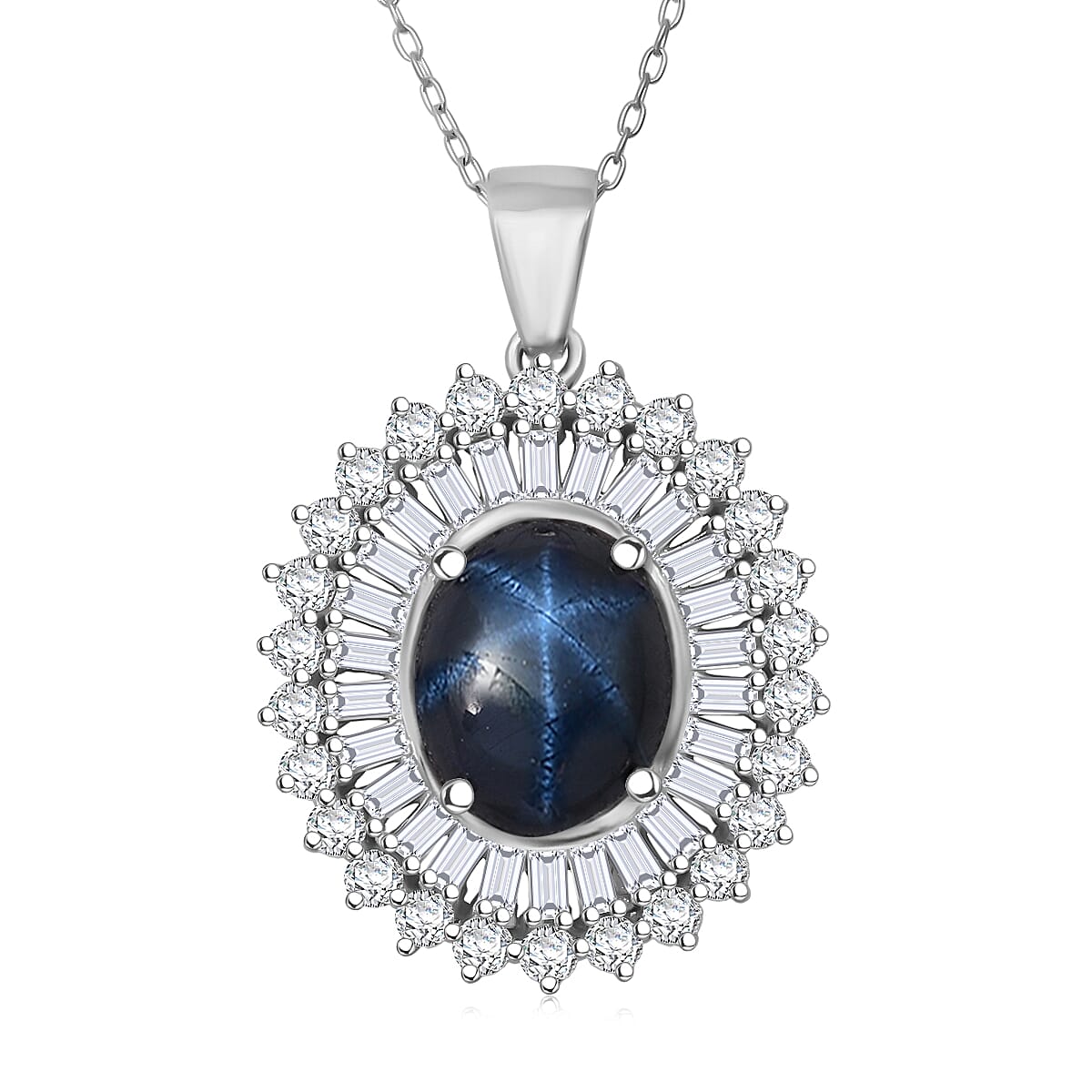 D'Joy Premium Blue Star Sapphire (DF) and Moissanite 7.70 ctw Crown of Eternity Pendant Necklace in Rhodium Over Sterling Silver 20 Inches image number 0
