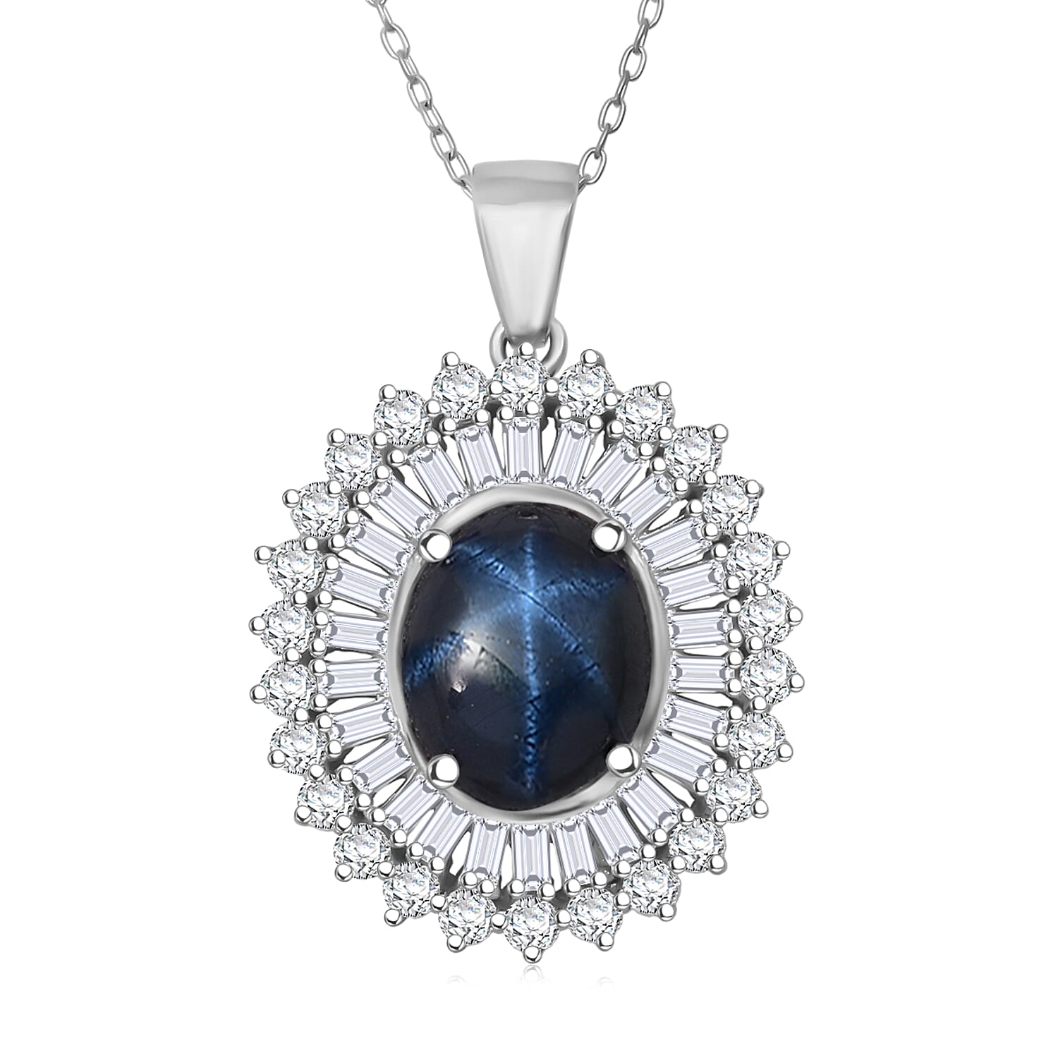 D'Joy Premium Blue Star Sapphire (DF) and Moissanite 7.70 ctw Crown of Eternity Pendant Necklace in Rhodium Over Sterling Silver