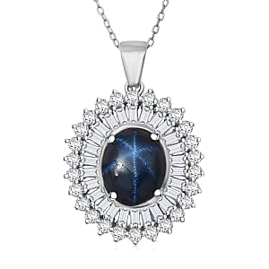 D'Joy Premium Blue Star Sapphire (DF) and Moissanite 7.70 ctw Crown of Eternity Pendant Necklace in Rhodium Over Sterling Silver 20 Inches