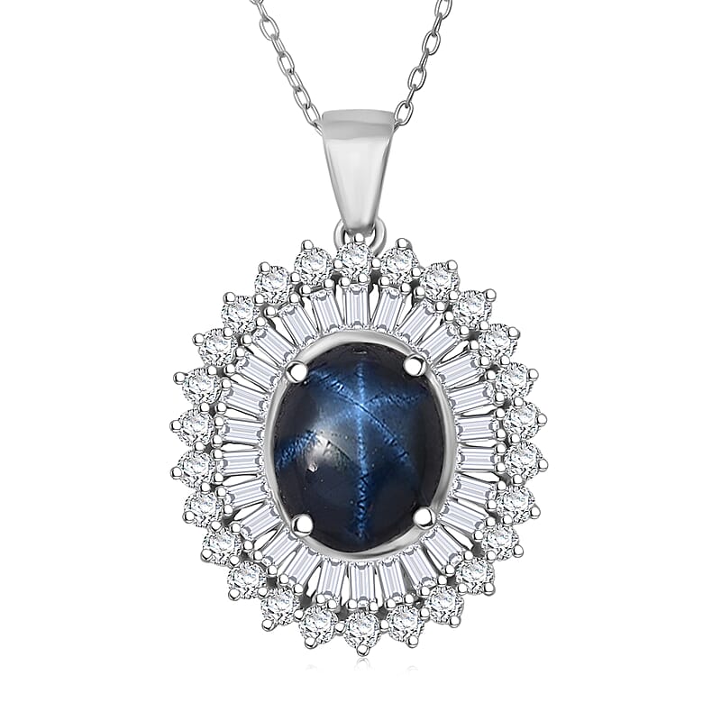 D'Joy Premium Blue Star Sapphire (DF) and Moissanite 7.70 ctw Crown of Eternity Pendant Necklace in Rhodium Over Sterling Silver 20 Inches
