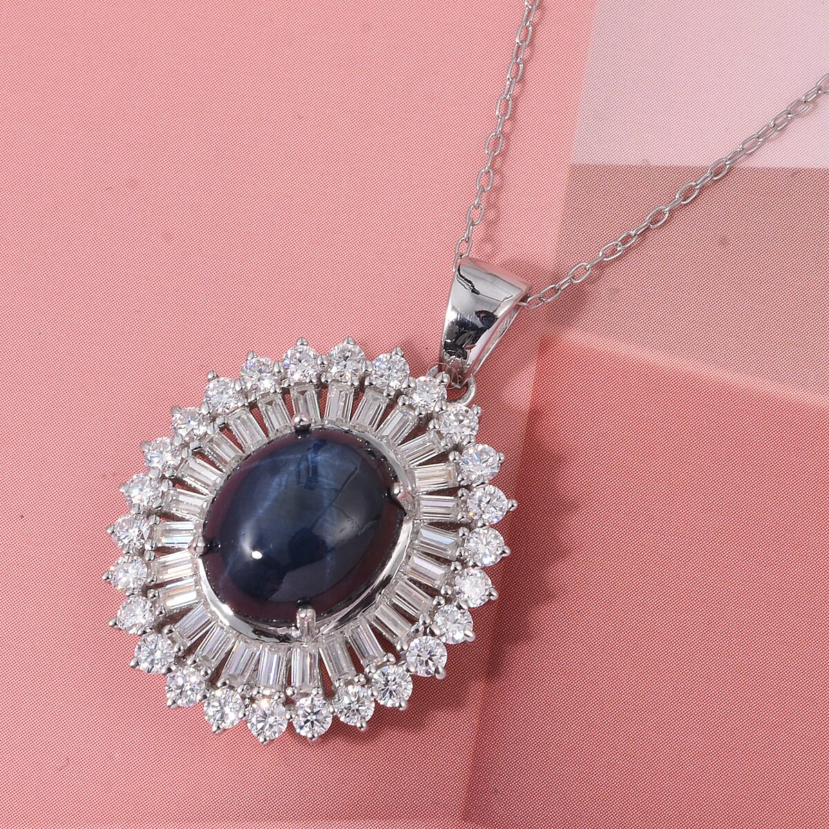 D'Joy Premium Blue Star Sapphire (DF) and Moissanite 7.70 ctw Crown of Eternity Pendant Necklace in Rhodium Over Sterling Silver 20 Inches image number 1
