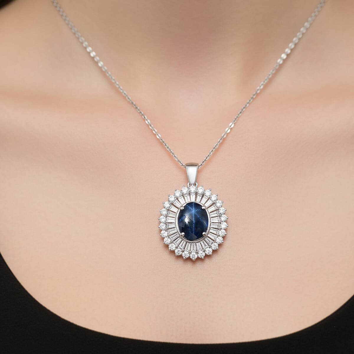 D'Joy Premium Blue Star Sapphire (DF) and Moissanite 7.70 ctw Crown of Eternity Pendant Necklace in Rhodium Over Sterling Silver 20 Inches image number 2