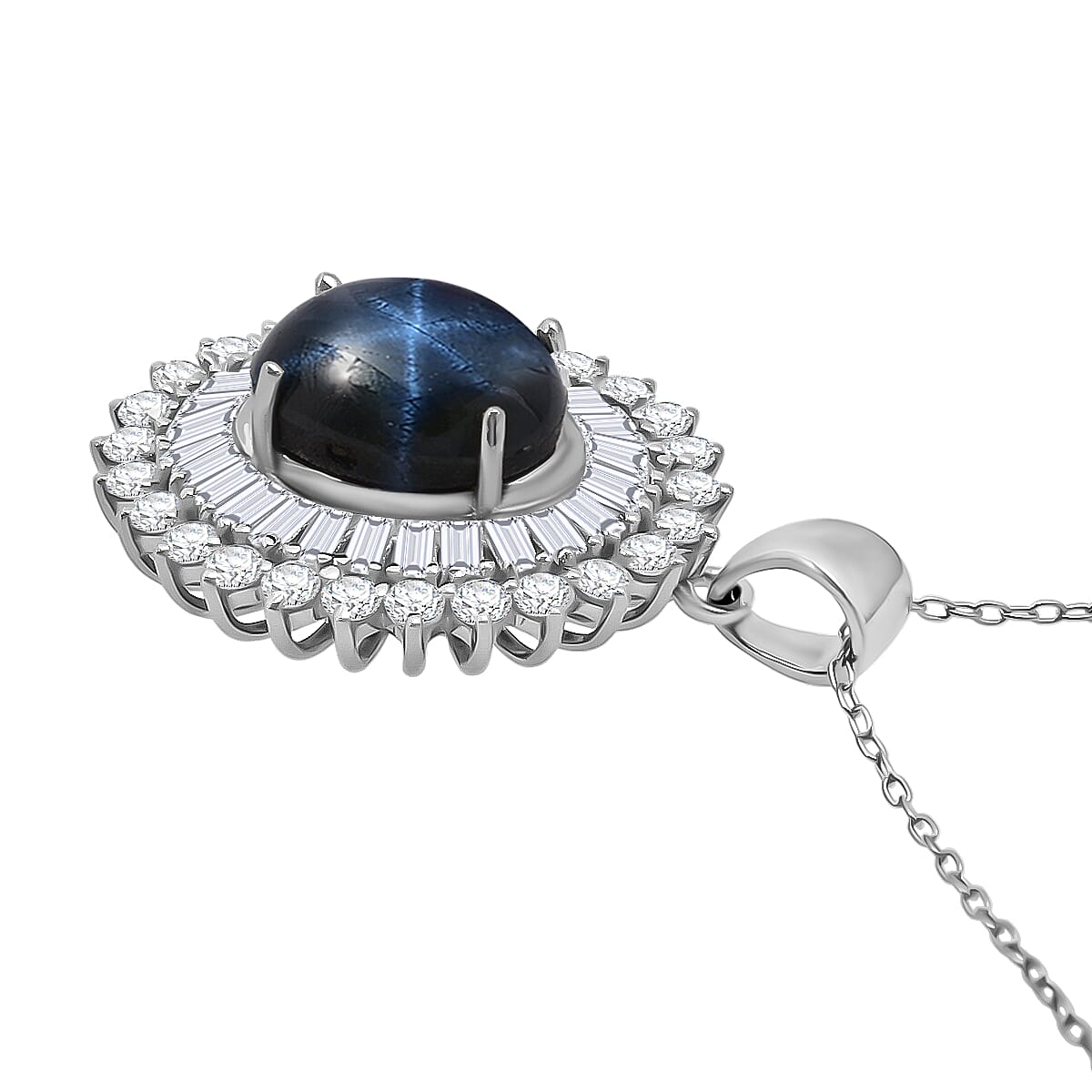 D'Joy Premium Blue Star Sapphire (DF) and Moissanite 7.70 ctw Crown of Eternity Pendant Necklace in Rhodium Over Sterling Silver 20 Inches image number 3