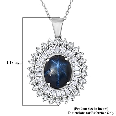 D'Joy Premium Blue Star Sapphire (DF) and Moissanite 7.70 ctw Crown of Eternity Pendant Necklace in Rhodium Over Sterling Silver 20 Inches