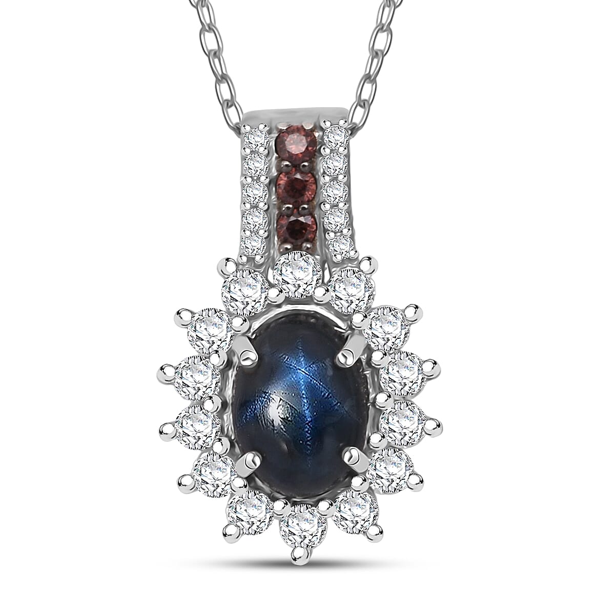 D'Joy Premium Blue Star Sapphire (DF), White and Chocolate Zircon 2.00 ctw Starfire Pendant Necklace in Rhodium Over Sterling Silver 20 Inches image number 0