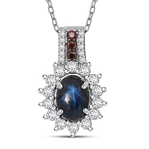D'Joy Premium Blue Star Sapphire (DF), White and Chocolate Zircon 2.00 ctw Starfire Pendant Necklace in Rhodium Over Sterling Silver 20 Inches