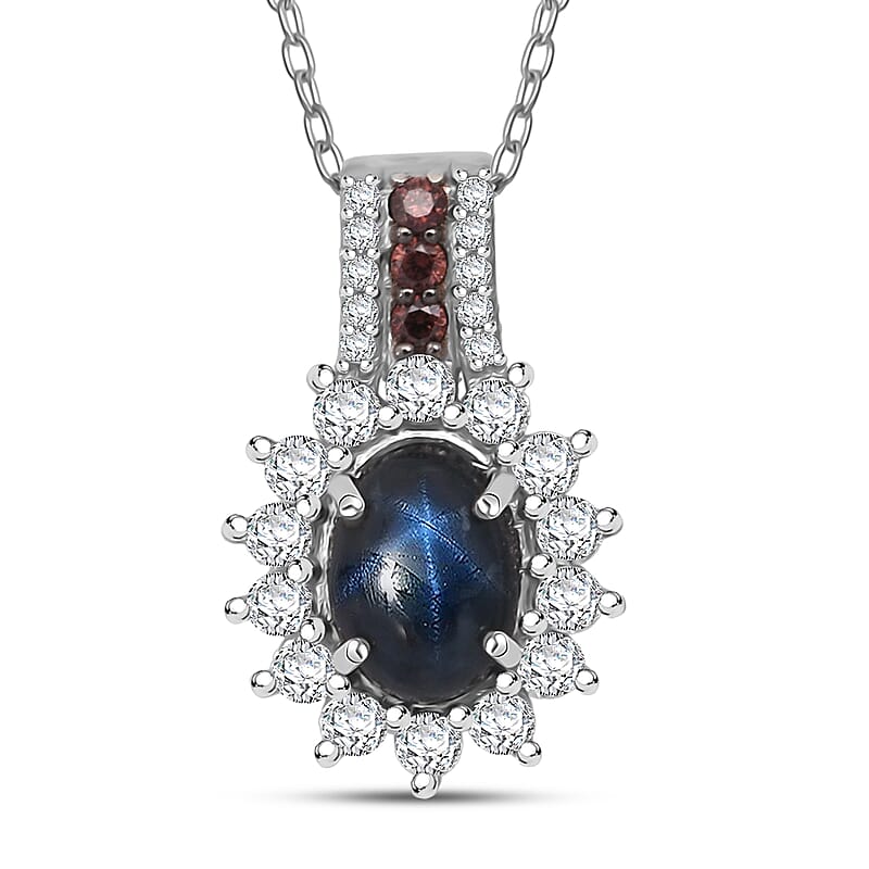 D'Joy Premium Blue Star Sapphire (DF), White and Chocolate Zircon 2.00 ctw Starfire Pendant Necklace in Rhodium Over Sterling Silver 20 Inches