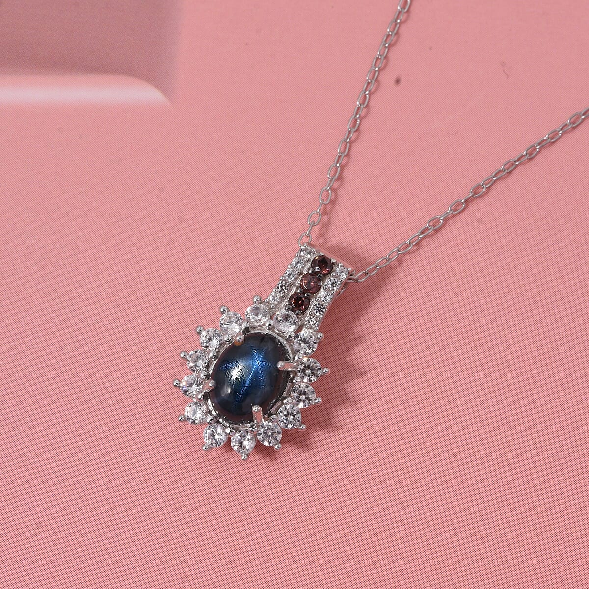 D'Joy Premium Blue Star Sapphire (DF), White and Chocolate Zircon 2.00 ctw Starfire Pendant Necklace in Rhodium Over Sterling Silver 20 Inches image number 1