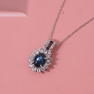 D'Joy Premium Blue Star Sapphire (DF), White and Chocolate Zircon 2.00 ctw Starfire Pendant Necklace in Rhodium Over Sterling Silver 20 Inches