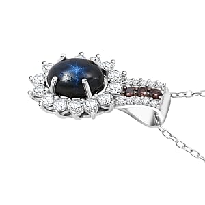 D'Joy Premium Blue Star Sapphire (DF), White and Chocolate Zircon 2.00 ctw Starfire Pendant Necklace in Rhodium Over Sterling Silver 20 Inches
