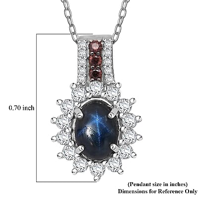 D'Joy Premium Blue Star Sapphire (DF), White and Chocolate Zircon 2.00 ctw Starfire Pendant Necklace in Rhodium Over Sterling Silver 20 Inches