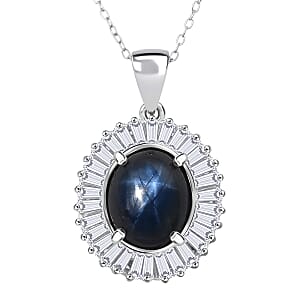D'Joy Celestial Crown Blue Star Sapphire (DF) and Moissanite 7.50 ctw Celestial Crown Pendant Necklace in Rhodium Over Sterling Silver 20 Inches
