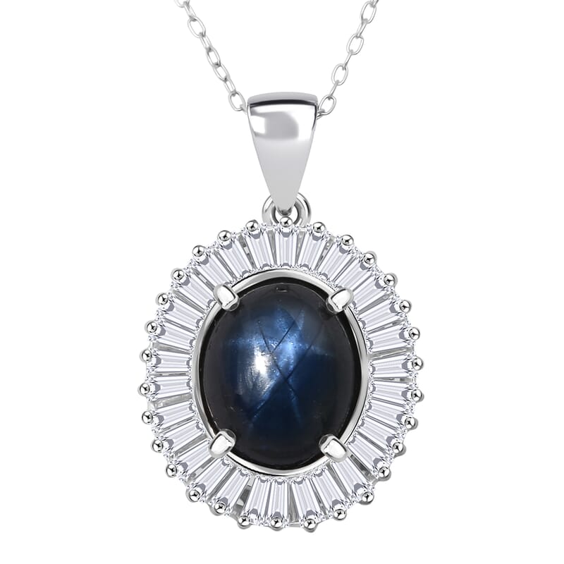 D'Joy Celestial Crown Blue Star Sapphire (DF) and Moissanite 7.50 ctw Celestial Crown Pendant Necklace in Rhodium Over Sterling Silver 20 Inches