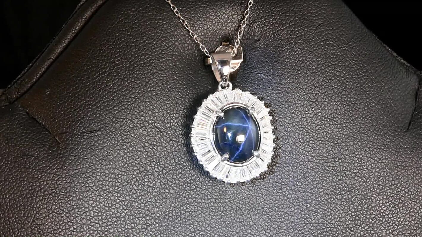D'Joy Celestial Crown Blue Star Sapphire (DF) and Moissanite 7.50 ctw Celestial Crown Pendant Necklace in Rhodium Over Sterling Silver 20 Inches