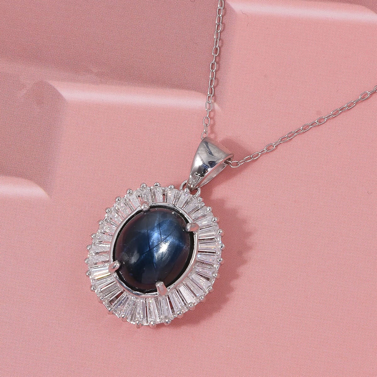 D'Joy Celestial Crown Blue Star Sapphire (DF) and Moissanite 7.50 ctw Celestial Crown Pendant Necklace in Rhodium Over Sterling Silver 20 Inches image number 1