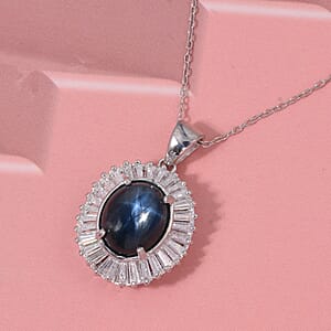 D'Joy Celestial Crown Blue Star Sapphire (DF) and Moissanite 7.50 ctw Celestial Crown Pendant Necklace in Rhodium Over Sterling Silver 20 Inches