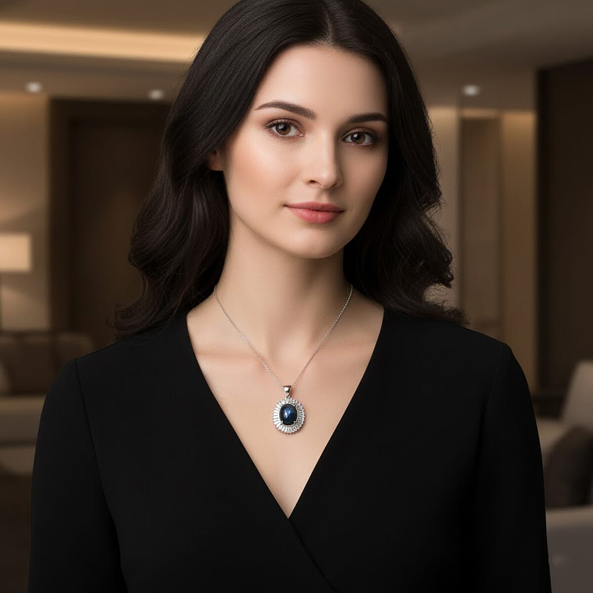 D'Joy Celestial Crown Blue Star Sapphire (DF) and Moissanite 7.50 ctw Celestial Crown Pendant Necklace in Rhodium Over Sterling Silver 20 Inches image number 2