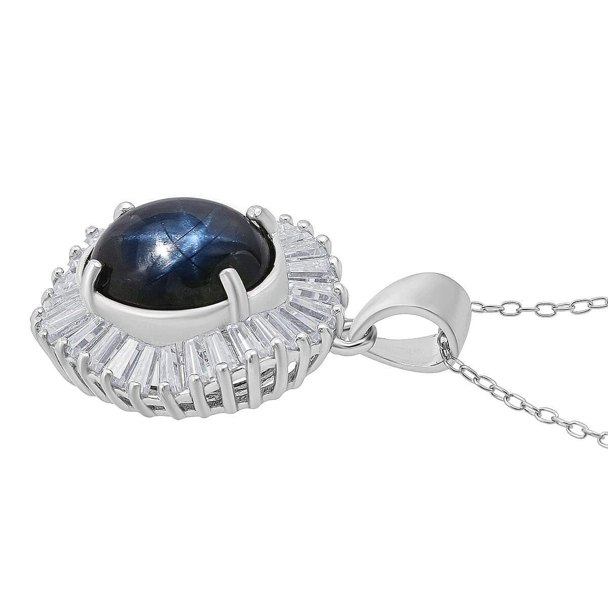 D'Joy Celestial Crown Blue Star Sapphire (DF) and Moissanite 7.50 ctw Celestial Crown Pendant Necklace in Rhodium Over Sterling Silver 20 Inches image number 3