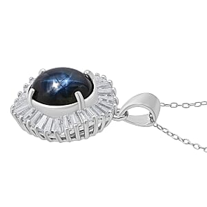 D'Joy Celestial Crown Blue Star Sapphire (DF) and Moissanite 7.50 ctw Celestial Crown Pendant Necklace in Rhodium Over Sterling Silver 20 Inches