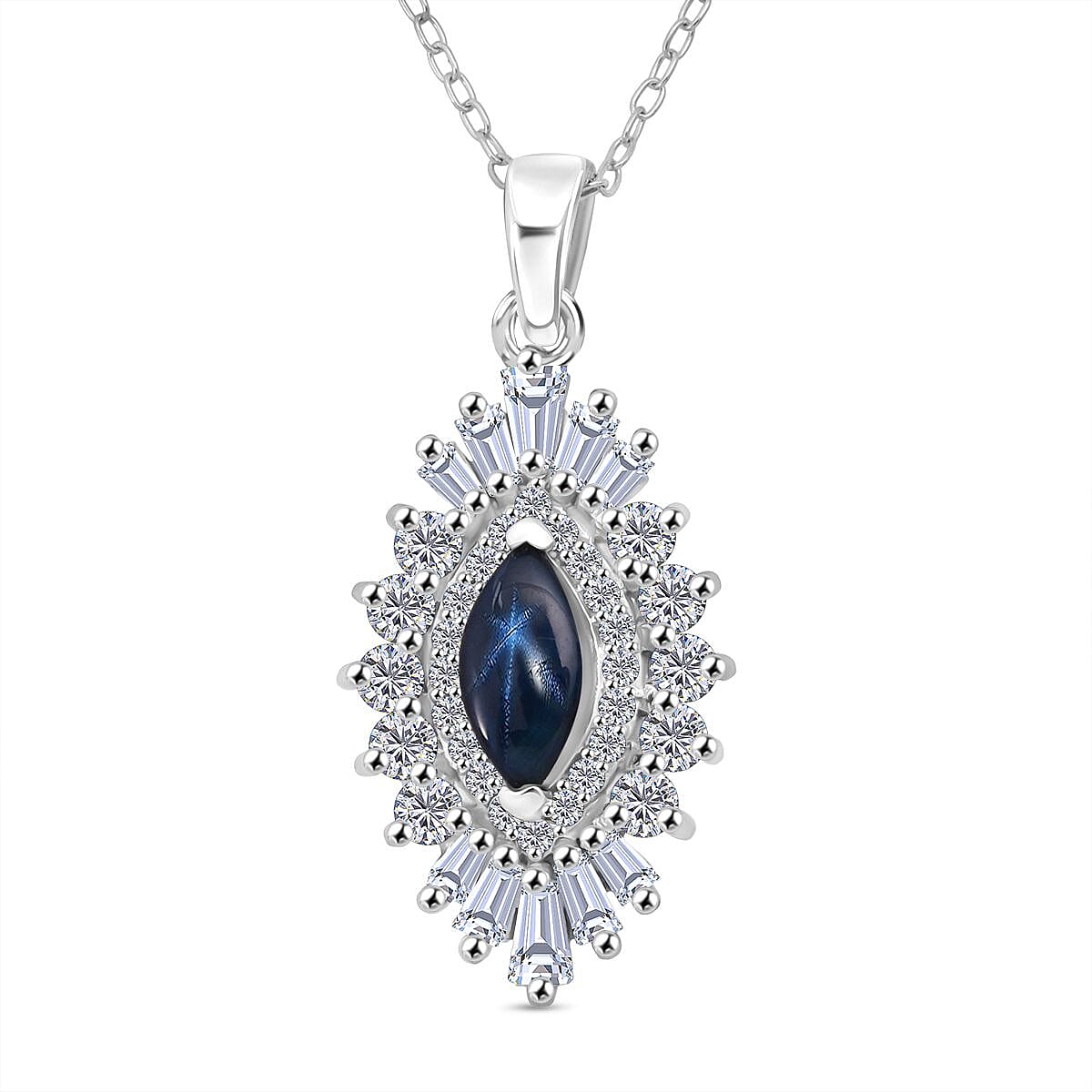 Doorbuster D'Joy Premium Blue Star Sapphire (DF) and Moissanite 1.65 ctw Crown Ray Pendant Necklace in Rhodium Over Sterling Silver 20 Inches image number 0