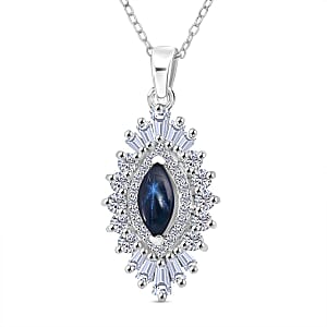 Doorbuster D'Joy Premium Blue Star Sapphire (DF) and Moissanite 1.65 ctw Crown Ray Pendant Necklace in Rhodium Over Sterling Silver 20 Inches