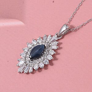 Doorbuster D'Joy Premium Blue Star Sapphire (DF) and Moissanite 1.65 ctw Crown Ray Pendant Necklace in Rhodium Over Sterling Silver 20 Inches
