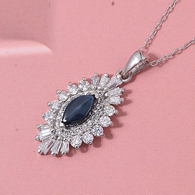  D'Joy Premium Blue Star Sapphire (DF) and Moissanite 1.65 ctw Crown Ray Pendant Necklace in Rhodium Over Sterling Silver 20 Inches
