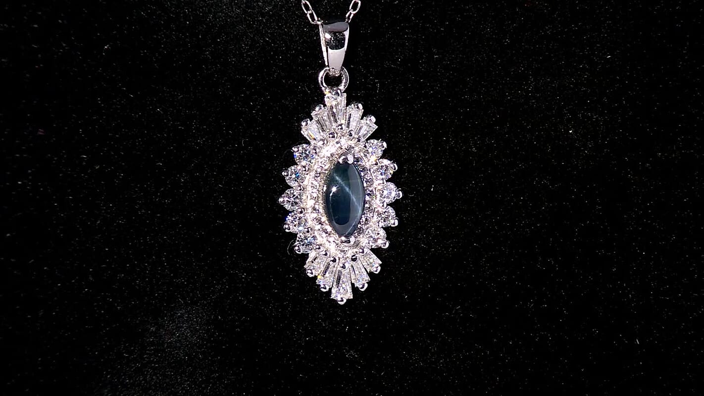 D'Joy Premium Blue Star Sapphire (DF) and Moissanite 1.65 ctw Crown Ray Pendant Necklace in Rhodium Over Sterling Silver 20 Inches