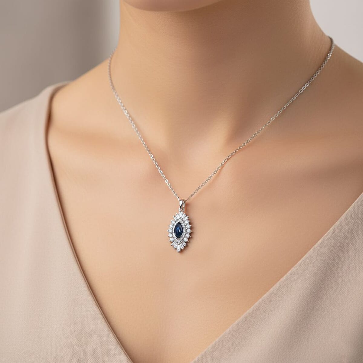 Doorbuster D'Joy Premium Blue Star Sapphire (DF) and Moissanite 1.65 ctw Crown Ray Pendant Necklace in Rhodium Over Sterling Silver 20 Inches image number 2