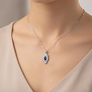 Doorbuster D'Joy Premium Blue Star Sapphire (DF) and Moissanite 1.65 ctw Crown Ray Pendant Necklace in Rhodium Over Sterling Silver 20 Inches