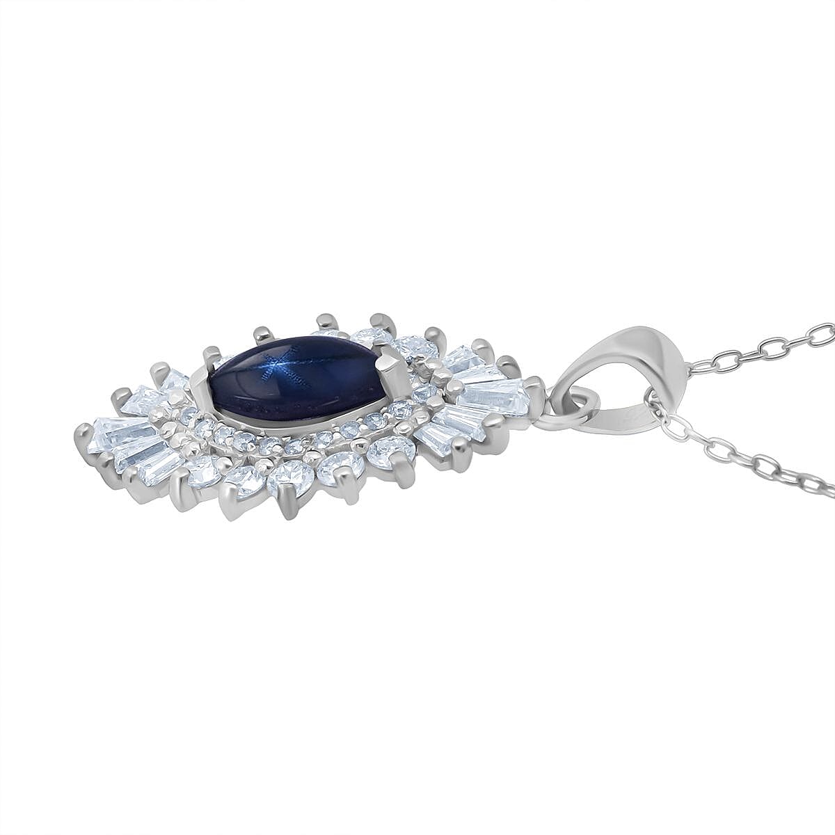 Doorbuster D'Joy Premium Blue Star Sapphire (DF) and Moissanite 1.65 ctw Crown Ray Pendant Necklace in Rhodium Over Sterling Silver 20 Inches image number 3