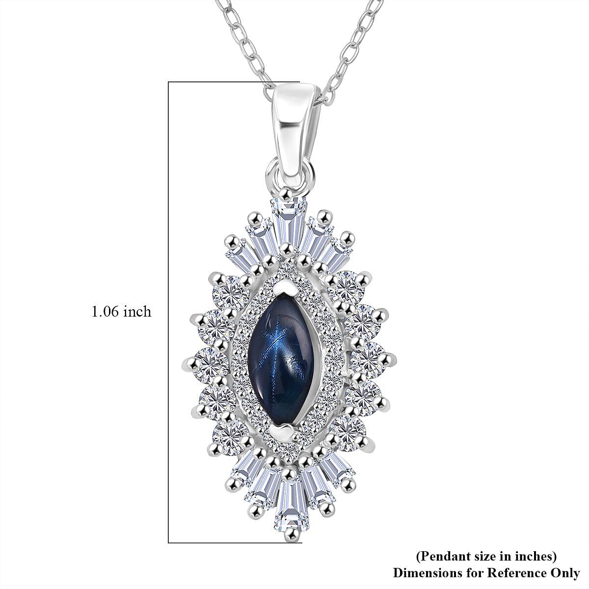 Doorbuster D'Joy Premium Blue Star Sapphire (DF) and Moissanite 1.65 ctw Crown Ray Pendant Necklace in Rhodium Over Sterling Silver 20 Inches image number 6