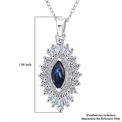  D'Joy Premium Blue Star Sapphire (DF) and Moissanite 1.65 ctw Crown Ray Pendant Necklace in Rhodium Over Sterling Silver 20 Inches